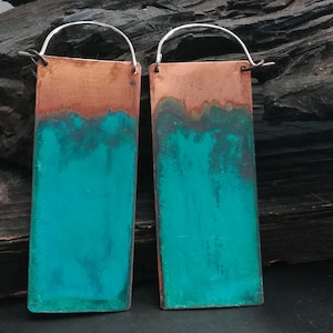 Long patina earrings, geometric copper earrings, vintage earrings, Statement earrings, bohemian earrings, ethnic earrings, hippy earrings