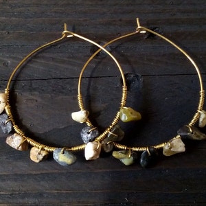 Brass hoop earrings, Jade stones hoop earrings, brass wire earrings, gold hoop earrings, large hoop earrings, hoop earrings, brass earrings image 3
