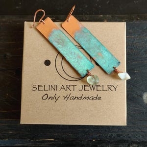 Green patina earrings, copper dangle hook earrings, vintage copper earrings, gemstone earrings, bohemian copper earrings, gift for her