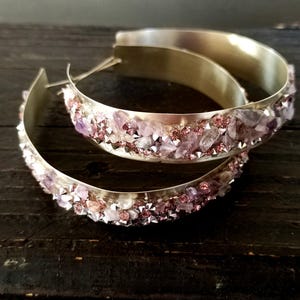 Statement Silver wide hoops, Amethyst stone hoops, Chunky silver hoops, Glamorous crystal hoops, Modern silver hoops, Wedding earrings