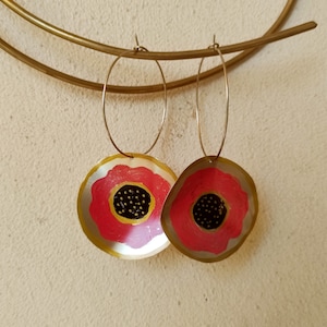 Handpainted flower earrings, Statement earrings, Red flower earrings, Silver hoops flower earrings, Art deco earrings, Boho flower hoops