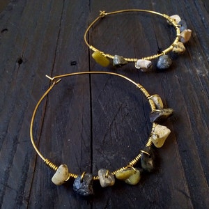Brass hoop earrings, Jade stones hoop earrings, brass wire earrings, gold hoop earrings, large hoop earrings, hoop earrings, brass earrings image 1