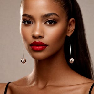 Op de afbeelding: Een vrouw met donker haar en rode lippenstift draagt lange, zilveren oorhangers met bolvormige accenten. De oorbellen hangen aan dunne, rechte staven. De huid van de vrouw heeft een warme tint en ze draagt een zwarte top.