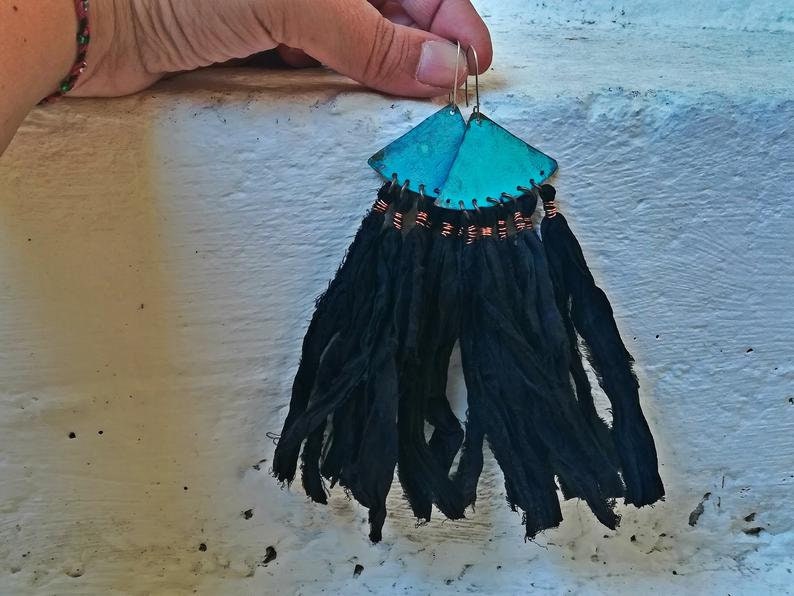 Black Silk sari earrings, bohemian copper earrings, blue patina earrings, ethnic earrings, festival earrings, hippy earrings image 2