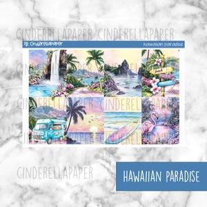 May include: A sticker sheet titled Hawaiian Paradise featuring eight watercolor illustrations of tropical scenes including a waterfall, palm trees, a coastal road, a beach sign, a blue van, a sunset, a surfboard, and a pink flamingo in a lush setting.