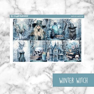 May include: A digital planner sticker sheet with a winter witch theme. The sheet features a witch, a skull, a house, a unicorn, and a black cat. The text "witch winter" and "ig: cinderellapaper" is included on the sheet.
