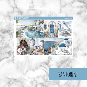 May include: A planner sticker sheet featuring watercolor illustrations of Santorini, Greece. The design includes images of white buildings with blue accents, a swimming pool, windmills, and a woman in a swimsuit. The word "SANTORINI" is in a blue rectangle.