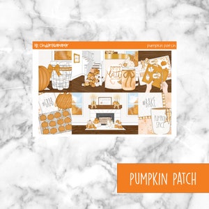 May include: A sticker sheet titled Pumpkin Patch featuring autumn-themed illustrations including pumpkins, a staircase, pumpkin spice latte, cookies on a cooling rack, a fireplace, and mugs with text like #GRAB and #BAKE in orange and brown tones.