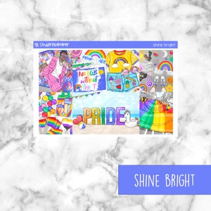 May include: A digital planner sticker sheet with a pride theme. The sheet features a rainbow flag, a unicorn float, a beach scene, and a person wearing a rainbow shirt. The text "PRIDE" is written in large letters on the sheet. The sheet also includes the text "NO LGB WITHOUT THE T" and "YOU ARE NOT ALONE".