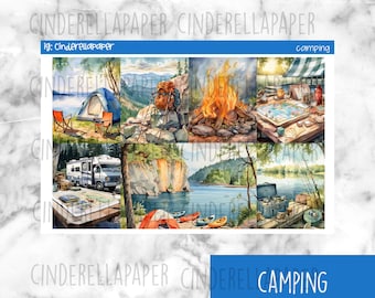 Camping Printable Planner Stickers, Weekly Sticker Kit  Erin Condren Planner Stickers, Vertical Sticker Kit, Silhouette Cut File