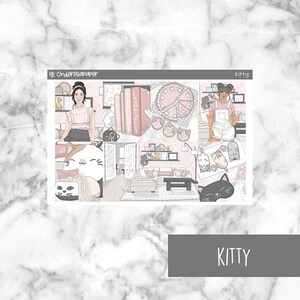 May include: A digital planner sticker sheet with a pink and white color scheme. The sheet features illustrations of a woman, a cat, books, a pie, and a living room. The text "KITTY" is printed on the sheet.