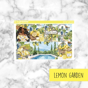 May include: A set of six lemon garden themed planner stickers. The stickers feature a woman in a straw hat, a scooter, a pool, a lemon farm sign, a jar of lemon jam, and a basket of lemons. The stickers are perfect for adding a touch of summer to your planner.