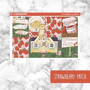 May include: A digital planner sticker set with a strawberry patch theme. The set includes a small house, a jar of jam, a sign that says "Strawberry Patch", and a pattern of strawberries. The stickers are ideal for adding a touch of whimsy to your planner.