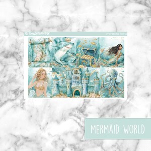 May include: A sticker sheet featuring six illustrations in a mermaid theme, including a treasure map, a shark with a crown, a treasure chest, a mermaid, an underwater castle, and an octopus, with the text IG: CINDERELLAPAPER and MERMAID WORLD.