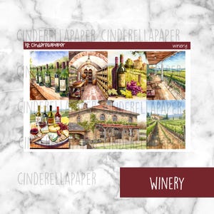 May include: A watercolor illustration featuring scenes from a winery. The image includes bottles of wine, a wine cellar, a vineyard, and a building with the word "Winery" at the bottom. The text "ig: cinderellapaper" is also visible.