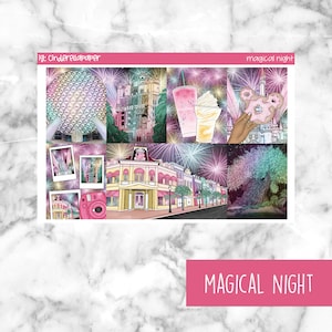 May include: A planner sticker sheet with a "Magical Night" theme. The sheet features illustrations of theme park landmarks, fireworks, drinks, and a hand holding a Mickey Mouse-shaped donut. The top banner reads "ig: Cinderellapaper" and "magical night".