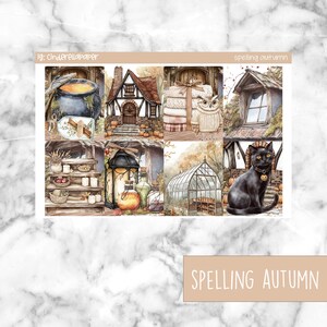 May include: A decorative planner sheet with a watercolor illustration of a witchy autumn theme. The design includes a cauldron, a cottage, an owl, a black cat, and the text "Spelling Autumn". The color palette features warm tones of orange, brown, and beige.