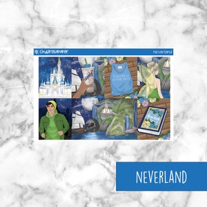 May include: A set of six digital planner stickers featuring characters and imagery from the Disney movie Peter Pan. The stickers include a blue and white castle, a green and white shirt with the text "Faith Trust & Pixie Dust", a green fairy with wings, a green and blue book with the text "Neverland", a green and blue waterfall, and a green and blue ship with a skull and crossbones.