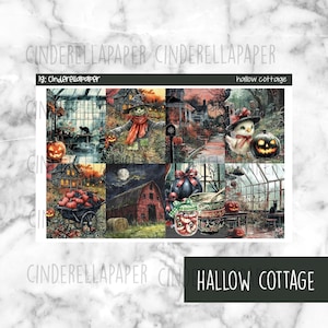 May include: A decorative sticker sheet with a Halloween theme. The sheet features various illustrations including a scarecrow, pumpkins, a barn, and a greenhouse. The text "Hallow Cottage" is displayed on the bottom right.