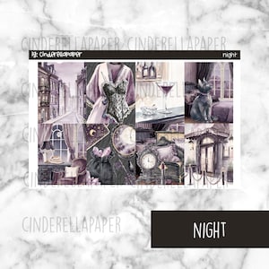 May include: A planner sticker sheet with a watercolor theme. The sheet features various illustrations, including a cityscape, a corset, a cocktail, a cat, and a bedroom scene. The word "NIGHT" is displayed in a black rectangle.