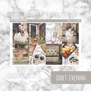 May include: A sticker sheet with illustrations of a quiet evening. The sheet includes images of a person taking a selfie, a dog, sushi, a t-shirt, shorts, and other decorative elements. The text "Quiet Evening" is displayed.