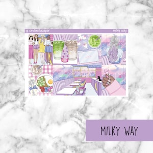 May include: A set of four planner stickers featuring a cafe scene with a pink and purple color scheme. The stickers include a cafe interior with tables and chairs, a cafe exterior with a starry sky, a group of three women, and a hand holding a lollipop. The stickers also include the text "Milky Way" and "ocarte".