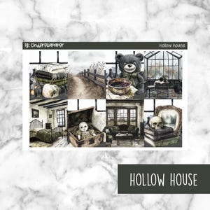 May include: A collage of watercolor illustrations with a spooky theme. The images include a path, a teddy bear, a doll, and a skull. The text "Hollow House" is at the bottom, and "ig: Cinderellapaper" is at the top.