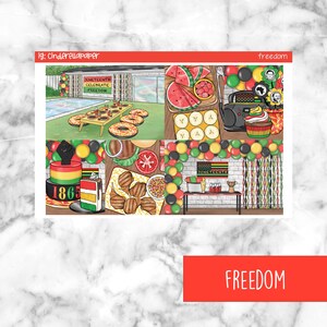 May include: A digital planner sticker set with a Juneteenth theme. The stickers feature a variety of images, including watermelon, a cake with the year 1865, a grill with food, and a table with balloons and a sign that says "Juneteenth".