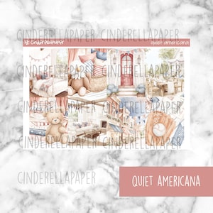 May include: A sticker sheet titled Quiet Americana featuring watercolor illustrations of a bedroom, a bald eagle plush, a house entrance, an outdoor dining set, a teddy bear, a living room, a street scene, and a baseball glove with a ball.