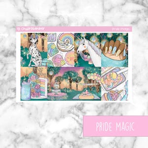 May include: A set of 9 planner stickers featuring a unicorn, a dog, a cake, and other whimsical illustrations. The stickers are on a green background with glitter accents. The text "Pride Magic" is printed on the sticker sheet.