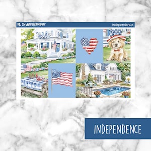 May include: A set of four Independence Day themed planner stickers featuring a red, white, and blue heart, a dog wearing a red, white, and blue hat, a house with an American flag, and a picnic table with an American flag.