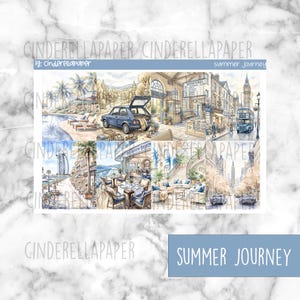 May include: A sticker sheet titled Summer Journey featuring eight watercolor illustrations of travel scenes, including a tropical pool, a car with an open trunk, a train station, a London bus, a coastal city, a restaurant, and a city skyline.