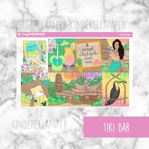 May include: A colorful Tiki Bar themed sticker sheet. The design includes illustrations of tropical drinks, a toucan, a woman, and a pineapple. Text includes "a pineapple a day keeps the worries away" and "Tiki Bar".