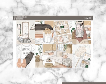 May include: A digital planner sticker sheet with a relaxing theme. The sheet features illustrations of a cozy living room, a cup of coffee, a video game console, a phone call, and a paint palette. The text "Relax 2.0" appears on the sheet.