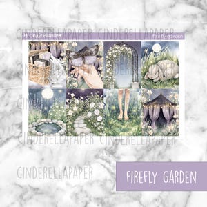 May include: A sticker sheet titled Firefly Garden featuring eight rectangular illustrations of a garden at night, including a basket, a butterfly, a floral arch, a rabbit, a pond, a stone path, bare feet in grass, and a tent with string lights.