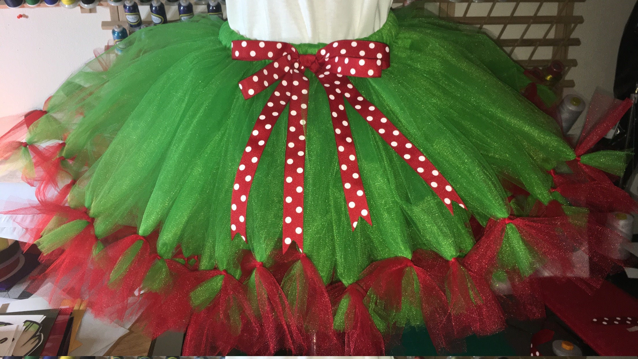 Red And Green Tutu With Red White Polka Dot Ribbon Teen Adult
