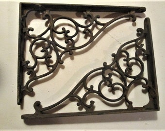 Older Vintage Shelf Brackets Original Black Paint Pair Cast Iron Semi Shabby 8474