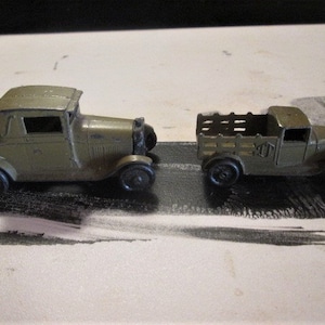 Early Tootsietoy # 4655 1928 Ford Model A Coupe AND #109 1932 Ford Stake Truck TT on side Original Paint 8405
