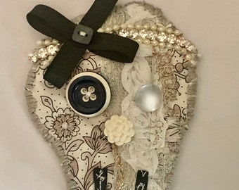 Handmade fabric skull brooch