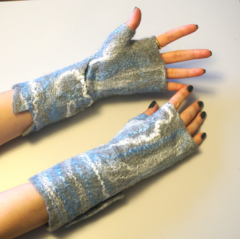 Fingerless felt mittens Felted gloves Felted mittens Grey blue Etsy