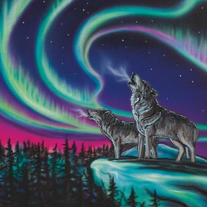May include: A painting depicting two wolves howling beneath the aurora borealis. The night sky is filled with vibrant green, purple, and blue light. The wolves stand on a rocky cliff with a forest in the background.