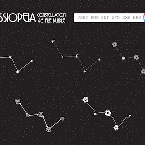 Cassiopeia sterrenbeeld SVG-bundel. Sterren, bloemen, schedels, zonnen. Cricut-bestanden