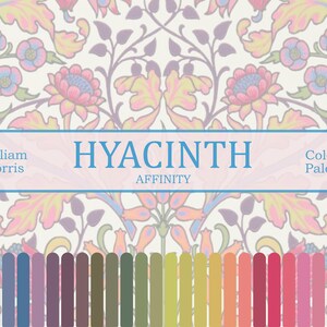 Può includere: Una tavolozza di colori intitolata "Hyacinth Affinity" con uno sfondo a motivi floreali in rosa, giallo e blu. La tavolozza include una gamma di colori dal blu al rosa, con il testo "William Morris" e "Palette di colori".