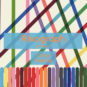 May include: An abstract design featuring a cream-colored background with intersecting diagonal lines in various colors, including blue, green, red, and pink. The text "Risograph Affinity Colour Palette" is displayed in orange and white.