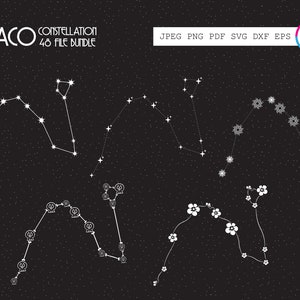 Pacchetto SVG della costellazione del Draco. Stelle, fiori, teschi, soli. File Cricut