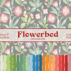 Puede incluir: Paleta de colores de arte digital titulada "Flowerbed" de Lindsay P. Butterfield. El fondo presenta un patrón floral con flores rosas y azules sobre un fondo gris oscuro. Una paleta de colores de varios tonos se muestra en la parte inferior.