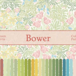May include: A William Morris "Bower" colour palette featuring a floral pattern with pink tulips, yellow flowers, and green foliage. The text "Bower" is displayed in a salmon-coloured banner, with a row of colour swatches below.