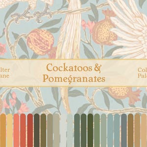 Peut inclure: Un motif décoratif avec des cacatoès et des grenades, avec une palette de couleurs en bas. Le motif comprend le texte "Cockatoos & Pomegranates" et "Walter Crane". Le fond est bleu clair.