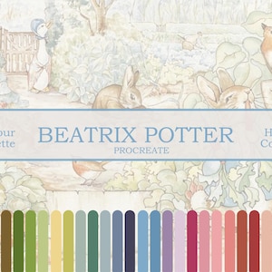 Puede incluir: Una paleta de colores de arte digital inspirada en Beatrix Potter, con ilustraciones de conejos, pájaros y un pato. La imagen incluye una paleta de colores con varios tonos de verde, azul, rosa y marrón, con el texto "BEATRIX POTTER PROCREATE".