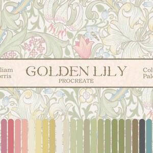 Paleta de colores Golden Lily para Procreate. Muestras de color inspiradas en William Morris, materiales de ilustración.